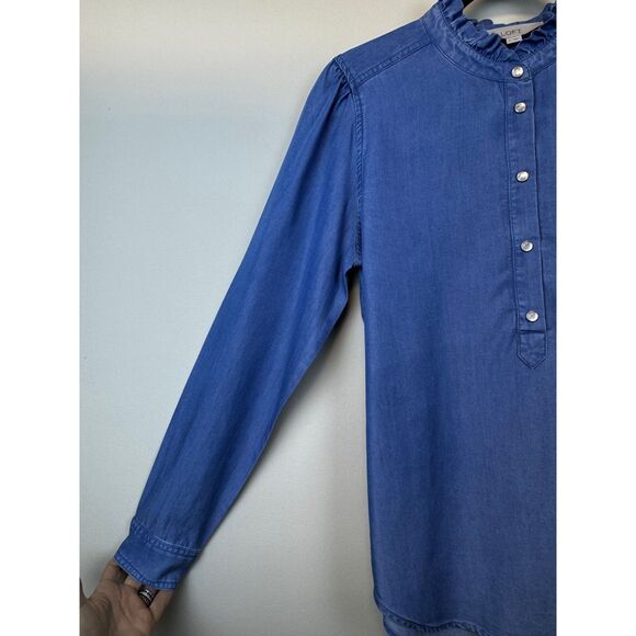 LOFT Pearl Snap Lyocell Chambray Popover Shirt Ruffle Neck, Sz S - Picture 5 of 9